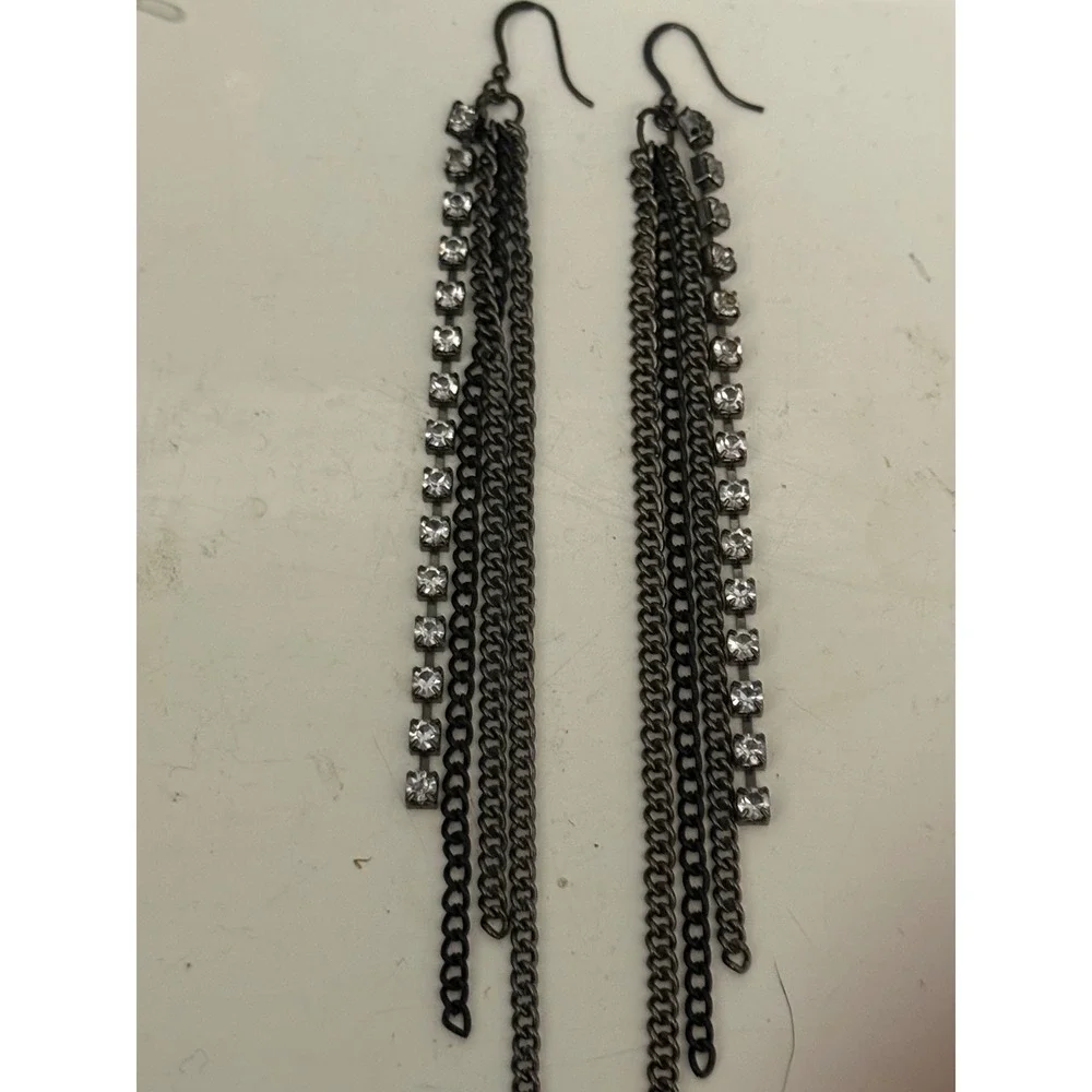 Gunmetal Multi Strand Chain Rhinestone Long Dangle Shoulder Duster Earrings